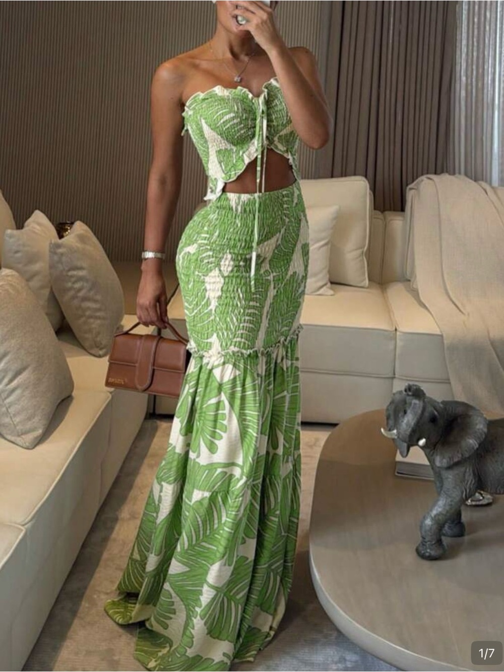 Strapless Green Tropical Maxi Dress